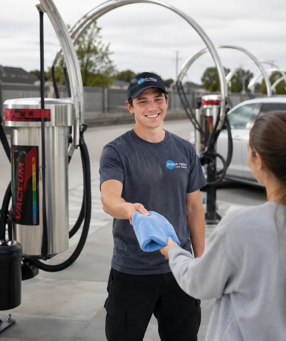 An Aqua-Tech crew member handing a customer a towel at the free vacuum stalls
