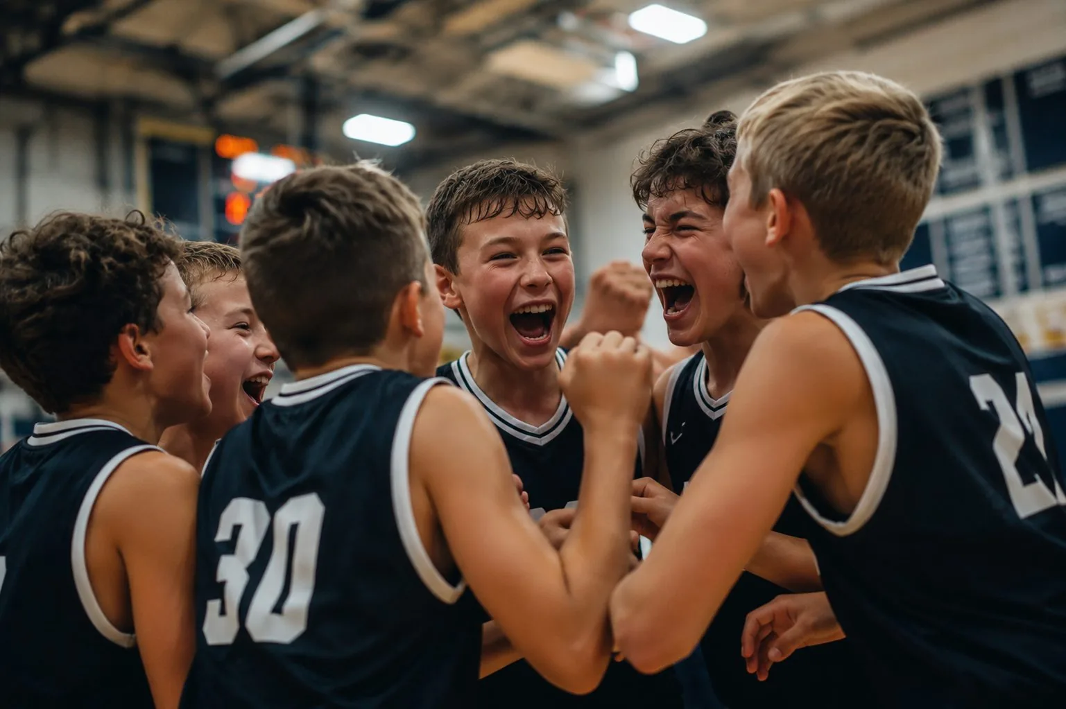 A youth sports team celebrating together after a win